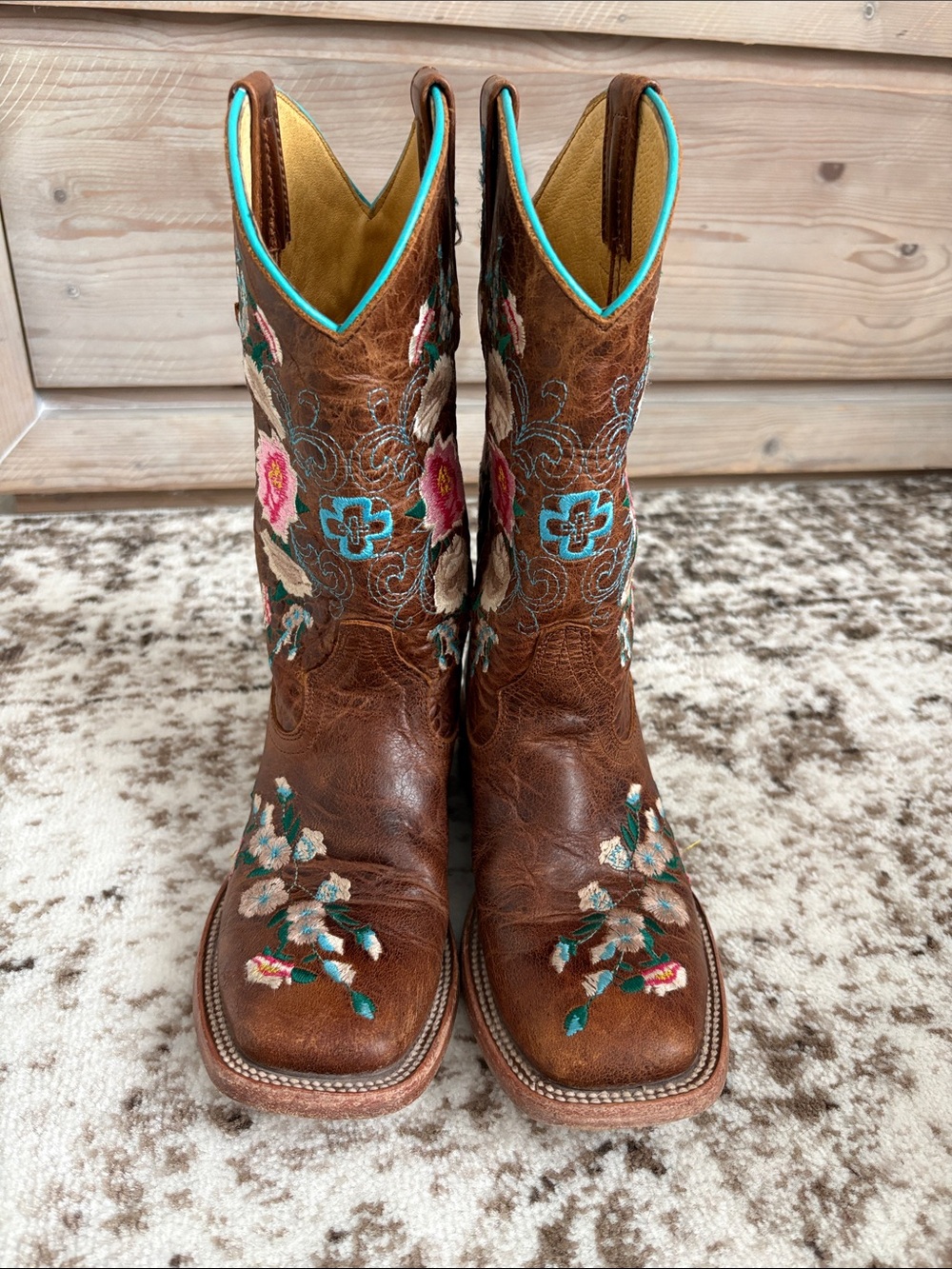 Macie Bean Brown Floral Embroidered Kids Cowboy Boots with Turquoise Trim